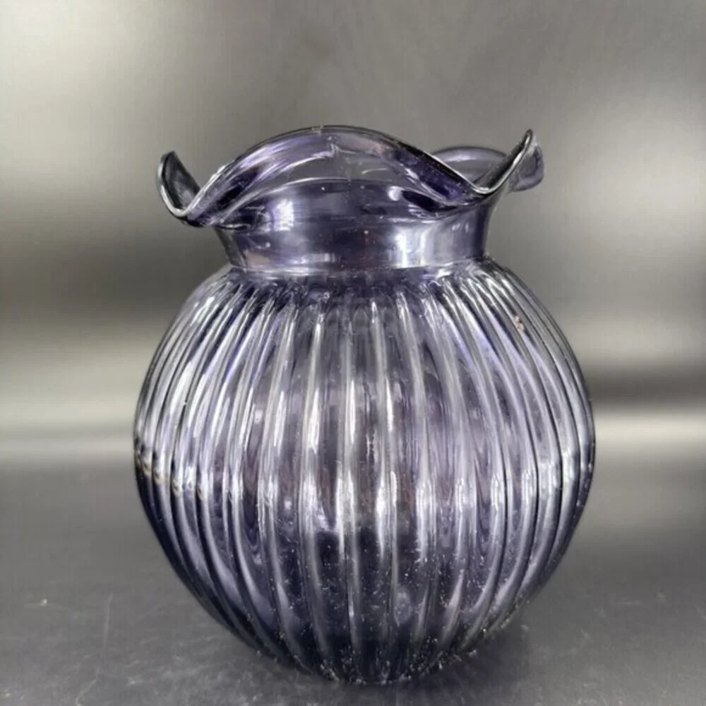 Hand Blown Art Glass‎ Purple Amethyst Vase Round Bottom Wavy Edge On Top Vintage